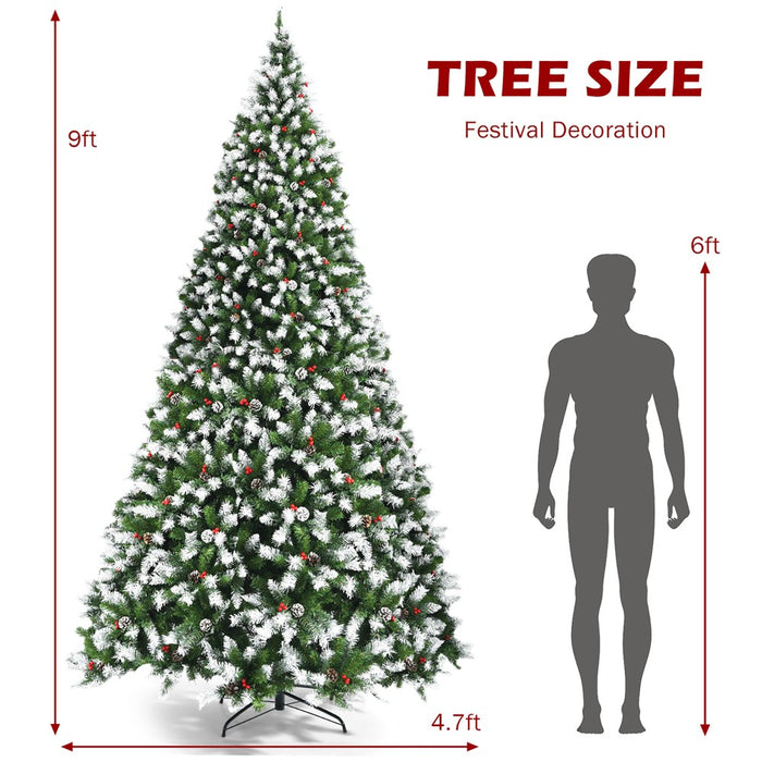 Costway 9ft Pre-lit Snowy Christmas Tree 2058 Tips w/ Pine Cones & Red Berries (LOCAL PICKUP ONLY)