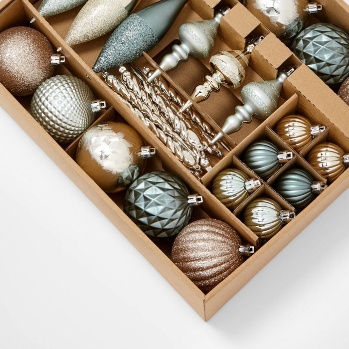 40ct Plastic Finial Christmas Tree Ornament Set Pale Teal/Gold/Slate - Wondershop