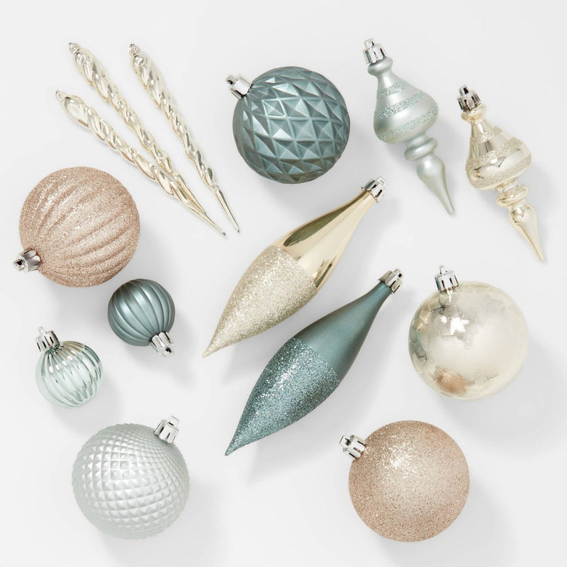 40ct Plastic Finial Christmas Tree Ornament Set Pale Teal/Gold/Slate - Wondershop