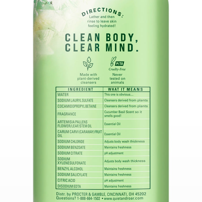 Quiet & Roar Detoxify Body Wash with Essential Oils - Cucumber/Basil - 20.2 fl oz