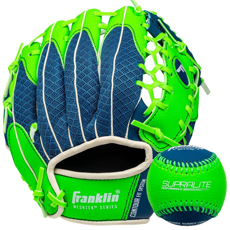 Franklin Sports 9.5'' Meshtek Glove with Ball - Blue/Optic Green