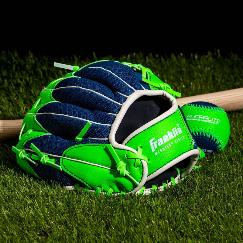 Franklin Sports 9.5'' Meshtek Glove with Ball - Blue/Optic Green