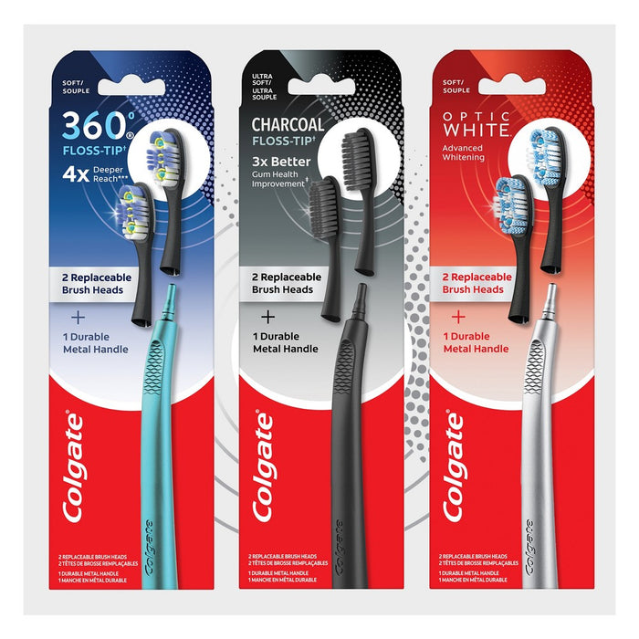 Colgate Charcoal Floss Tip Toothbrush with Metal Handle and 2 Replaceable Brush Heads - Extra Soft - Black