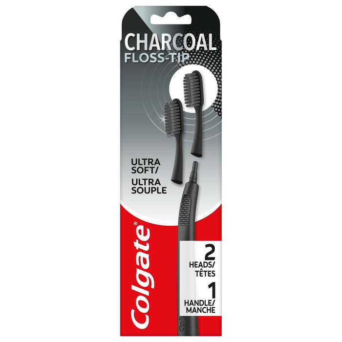 Colgate Charcoal Floss Tip Toothbrush with Metal Handle and 2 Replaceable Brush Heads - Extra Soft - Black
