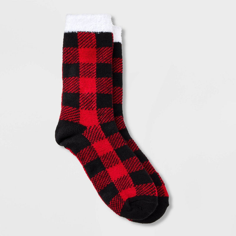 Women's Buffalo Check Plaid Double Lined Cozy Crew Socks - A New Day Red/Black 4-10