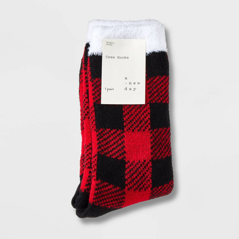 Women's Buffalo Check Plaid Double Lined Cozy Crew Socks - A New Day Red/Black 4-10