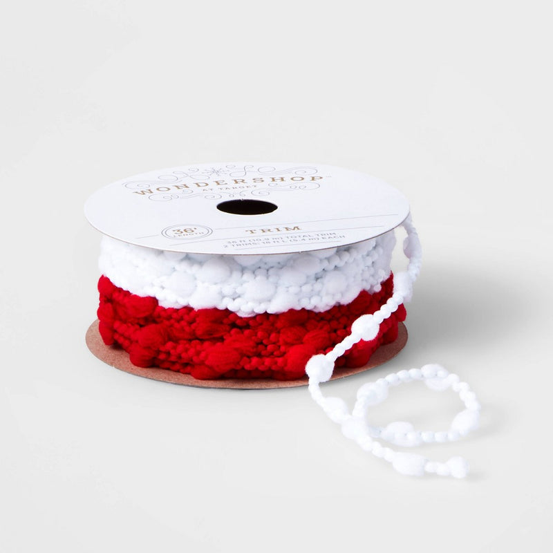 2ct Pom Cord Fabric Ribbon Red/White 36ft - Wondershop