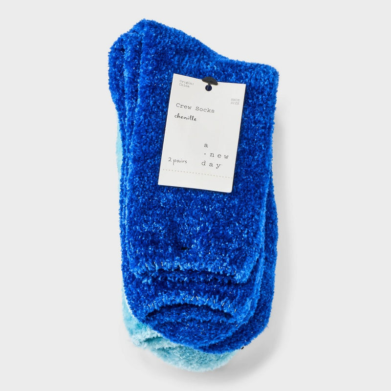Women's 2pk Fluffy Chenille Socks - A New Day Blue 4-10
