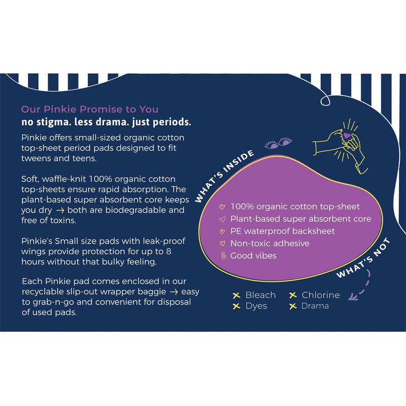 Pinkie Tween & Teen Ultra-Thin Organic Topsheet Pads with Wings - Size Small - 18ct