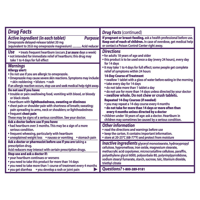 Prilosec OTC Omeprazole 20mg Delayed-Release Acid Reducer for Frequent Heartburn Tablets - 14ct