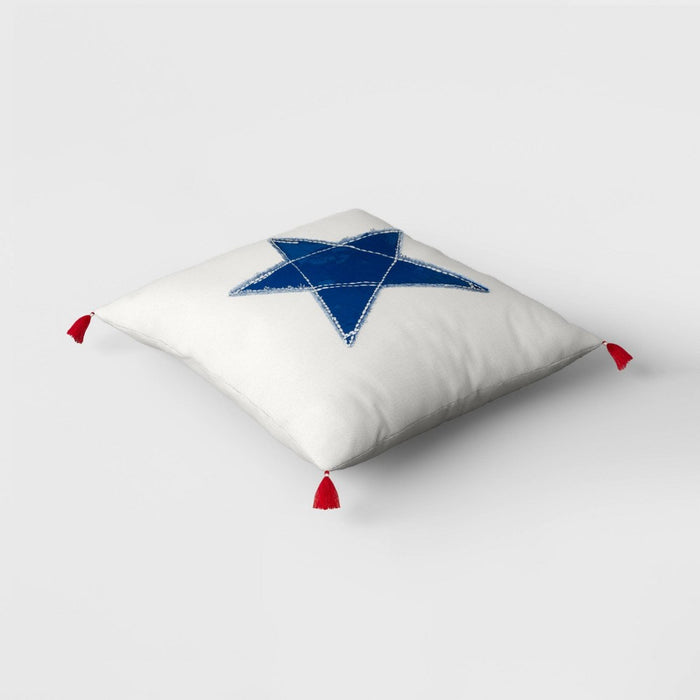Applique Star with Corner Tassels Square Throw Pillow Ivory/Blue - Threshold