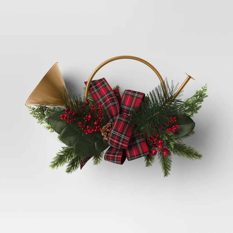13" Metal Horn with Greenery and Plaid Bow Artificial Christmas Wreath Green/Red - Wondershop