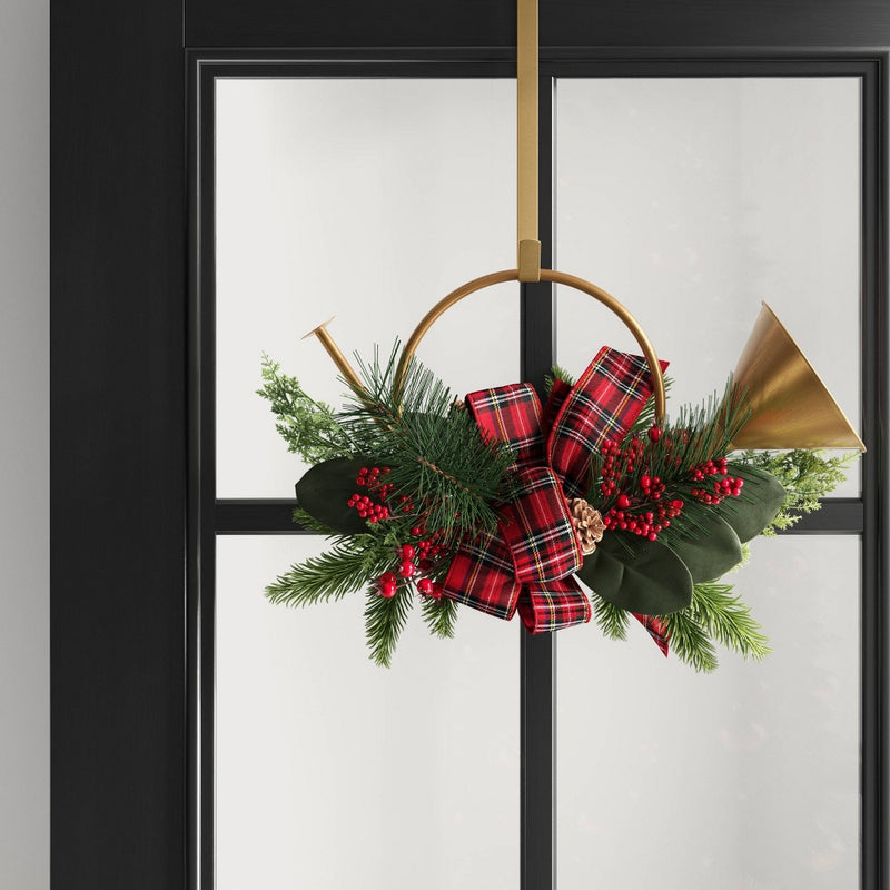 13" Metal Horn with Greenery and Plaid Bow Artificial Christmas Wreath Green/Red - Wondershop
