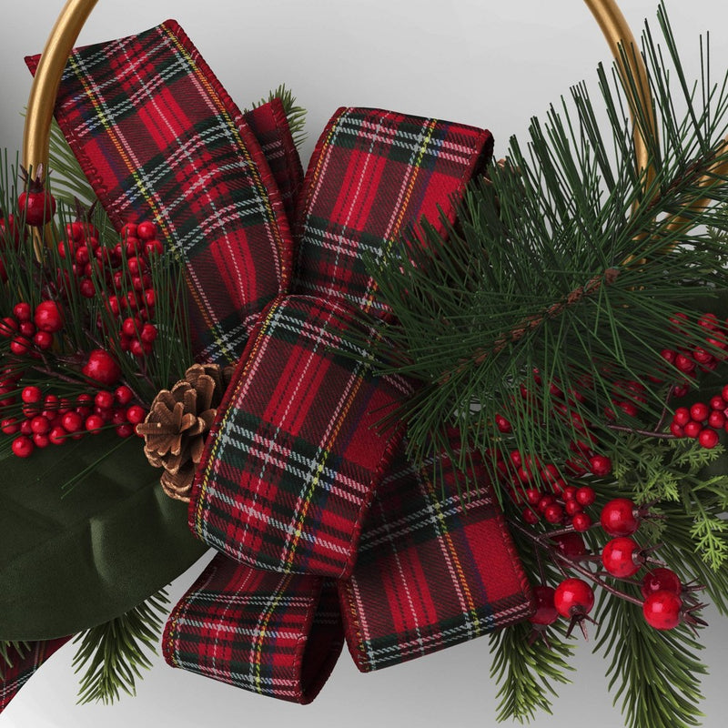 13" Metal Horn with Greenery and Plaid Bow Artificial Christmas Wreath Green/Red - Wondershop