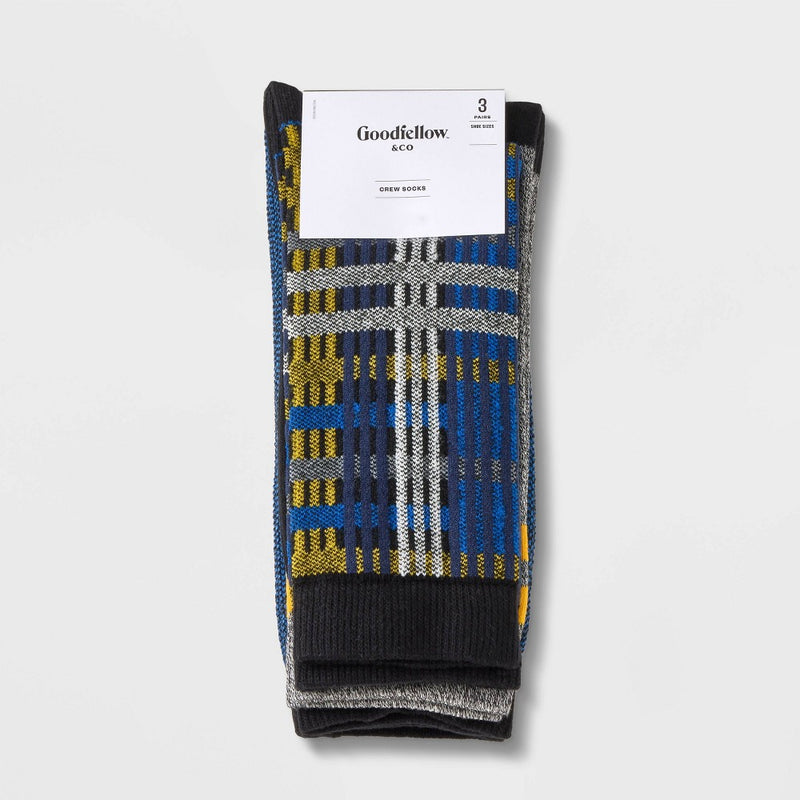 Men's Athletic Striped Casual Cozy Socks 3pk - Goodfellow & Co Blue/Yellow 6-12
