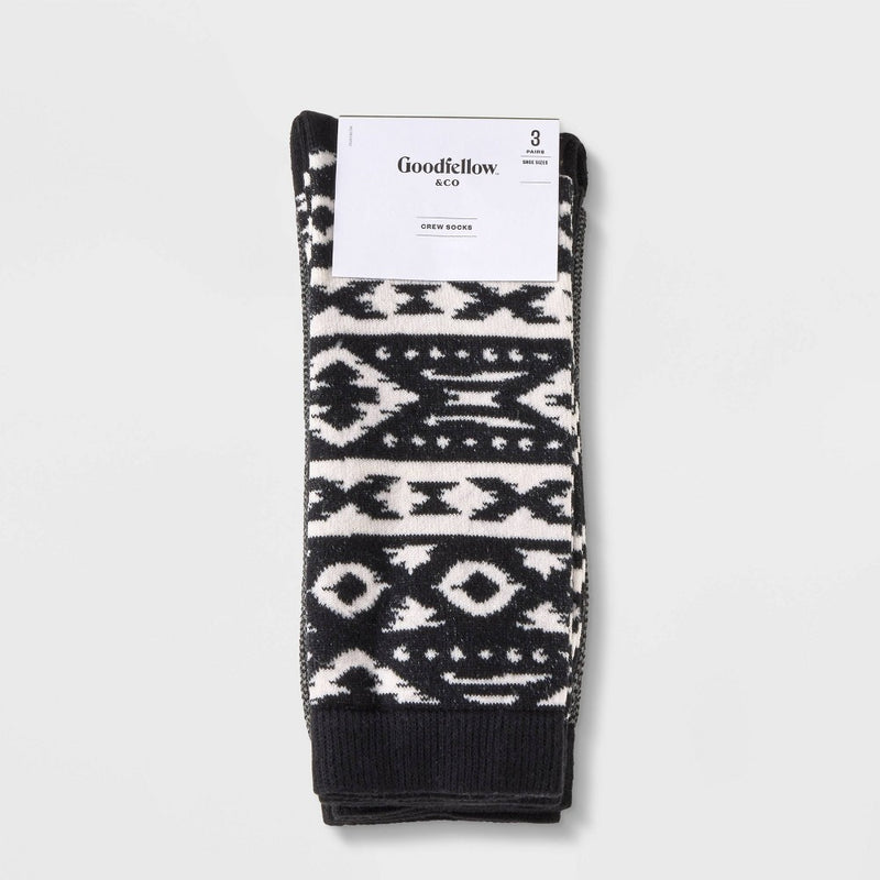 Men's Geo Pattern Casual Cozy Socks 3pk - Goodfellow & Co Black/White 6-12