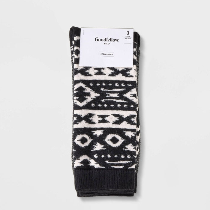Men's Geo Pattern Casual Cozy Socks 3pk - Goodfellow & Co Black/White 6-12