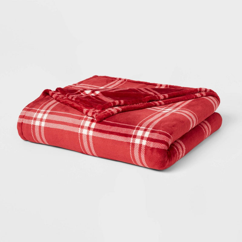 Full/Queen Christmas Microplush Bed Blanket Red Plaid - Threshold