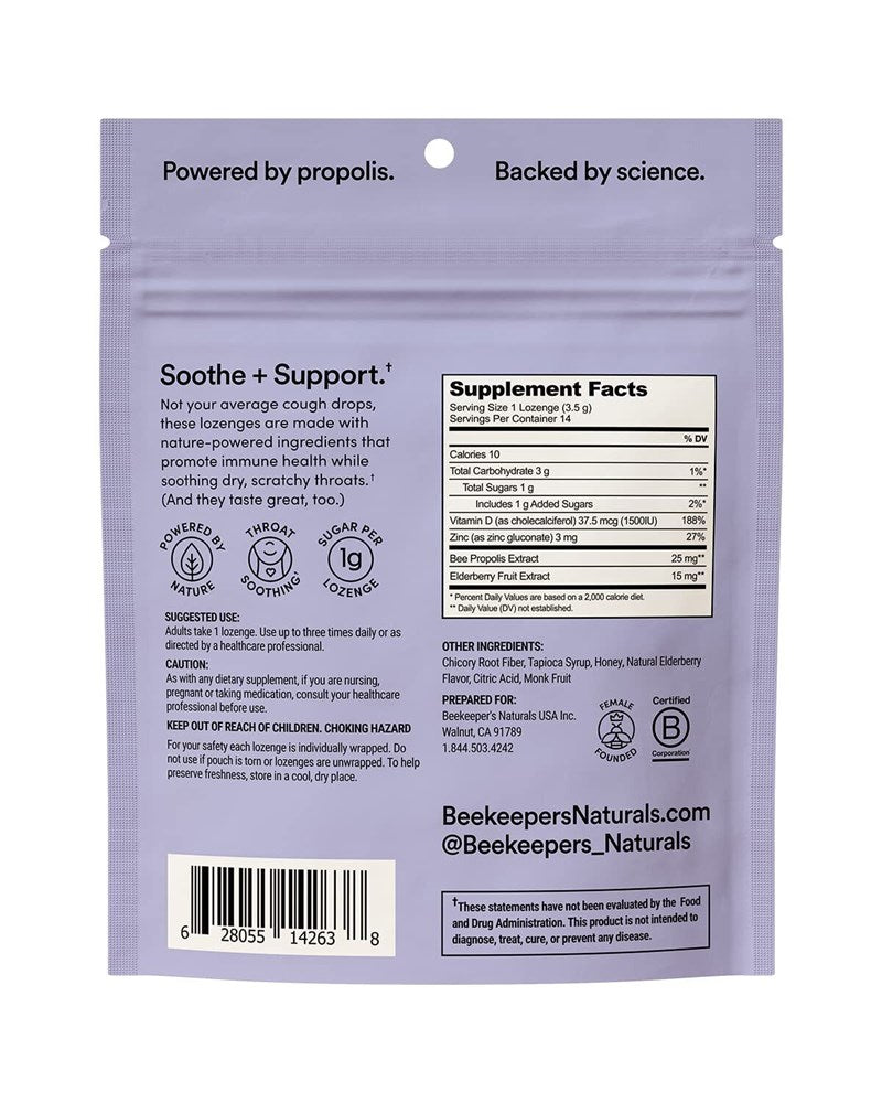 Beekeepers Naturals Propolis Soothing Lozenges - Elderberry - 14ct
