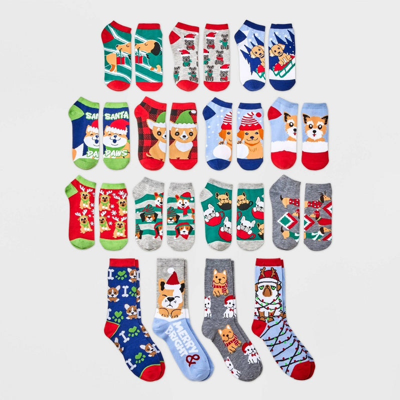 Women's Holiday Dogs 15 Days of Socks Advent Calendar - Assorted Colors 4-10