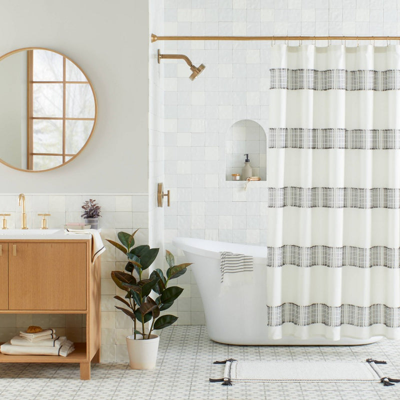 Clipped Jacquard Stripe Shower Curtain Sour Cream/Railroad Gray - Hearth & Hand with Magnolia