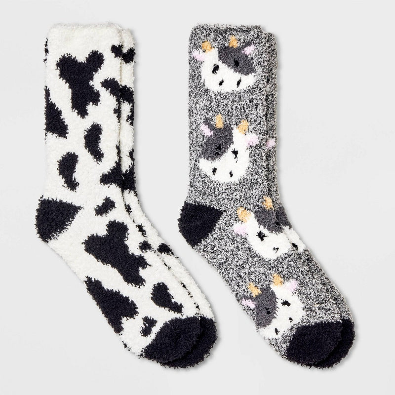 Women's Cow 2pk Cozy Crew Socks - Black/White 4-10
