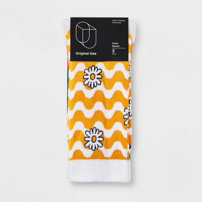 Men's Daisy/Striped Crew Socks 2pk - Original Use Yellow/White 6-12