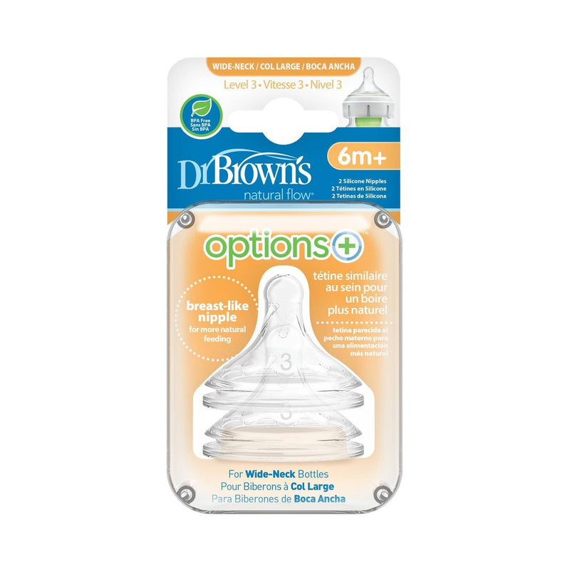 Dr. Brown's Options+ Wide-Neck Baby Bottle Nipple - Level 3 - Fast Flow - 2pk