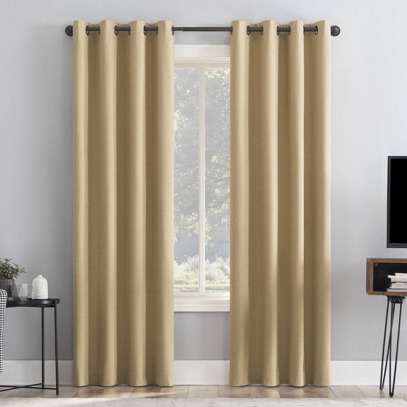 96"x50" Channing Grid Texture Draft Shield Fleece Insulated 100% Blackout Grommet Curtain Panel Soft Gold - Sun Zero