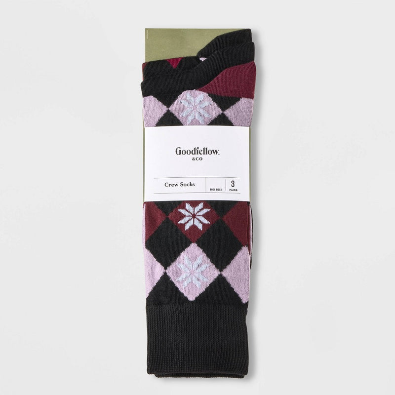 Men's Diamond Pattern Socks 3pk - Goodfellow & Co Black/Purple 7-12