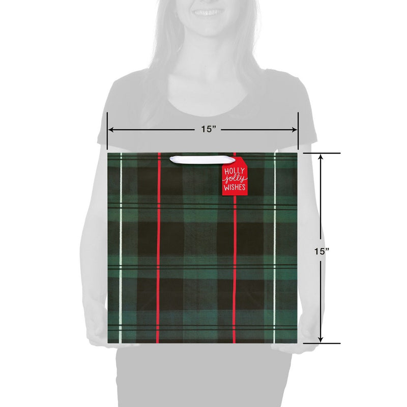 XL 15" Green Tartan Plaid Christmas Gift Bag