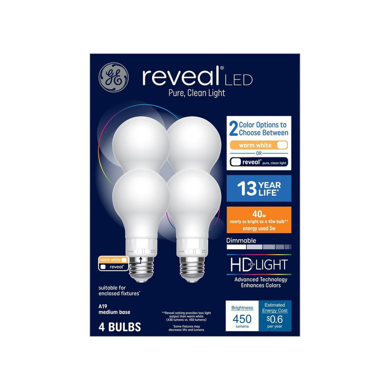 GE 4pk 5 Watts Color Select Warm White or Reveal Medium Base Reveal LED Light Bulbs