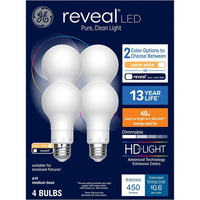 GE 4pk 5 Watts Color Select Warm White or Reveal Medium Base Reveal LED Light Bulbs