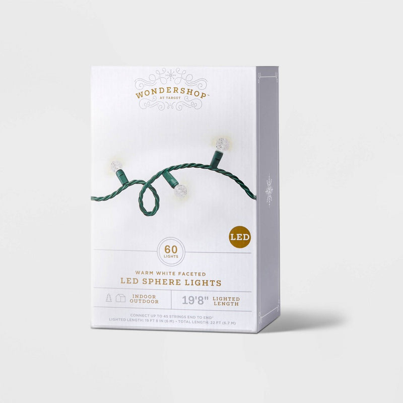 60ct LED Faceted Sphere Christmas String Lights Warm White with Green Wire - Wondershop