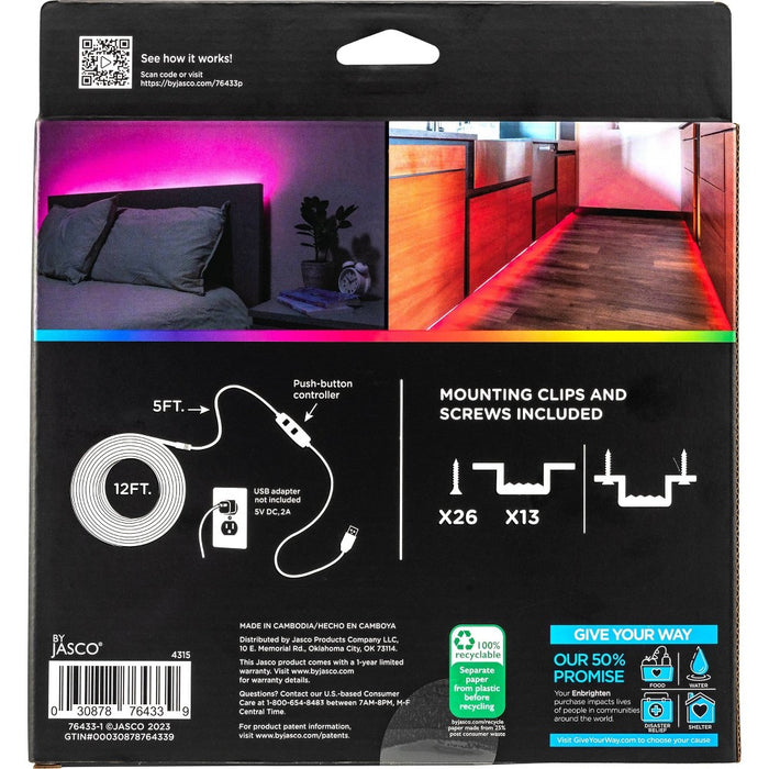 Enbrighten 12' USB-A Black Stealth Tape Light RGB Push Button