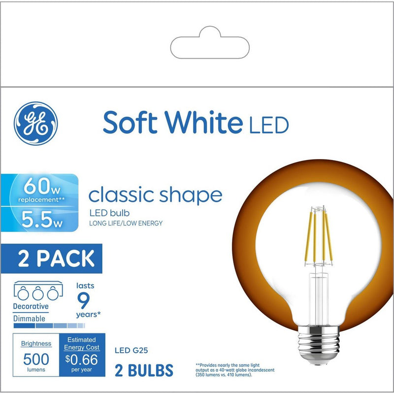 GE 2pk 5.5 Watts Soft White Medium Base LED Globe Light Bulbs