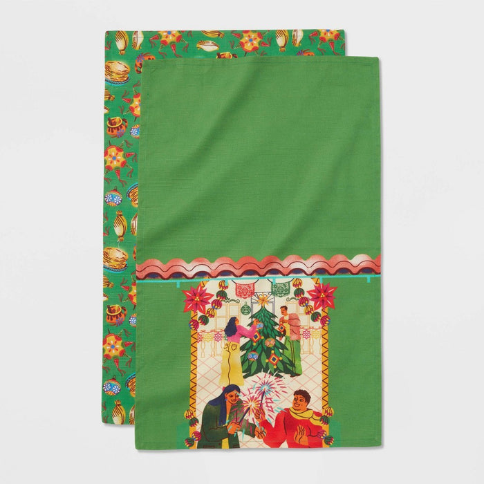 2pc Dia Pacheco Design Slub Christmas Kitchen Towel Green - Wondershop