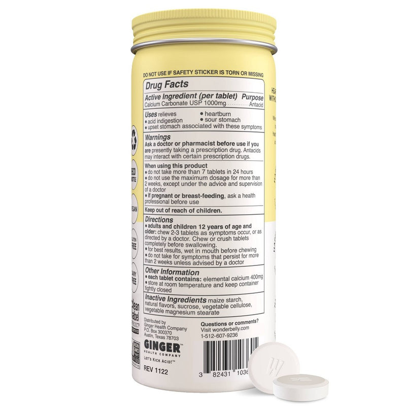 Wonderbelly Antacid 1000mg Chewable Tablet - Lemon Sorbet - 60ct