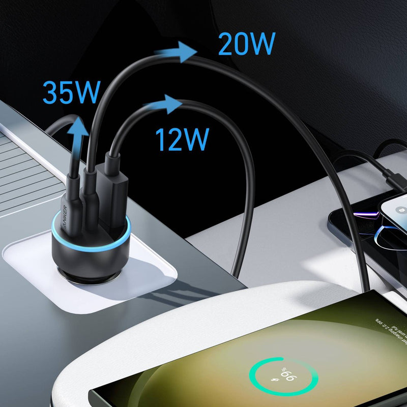 Anker 3-Port 67W Car Charger with 3' APPLE to USB-C Cable - Black