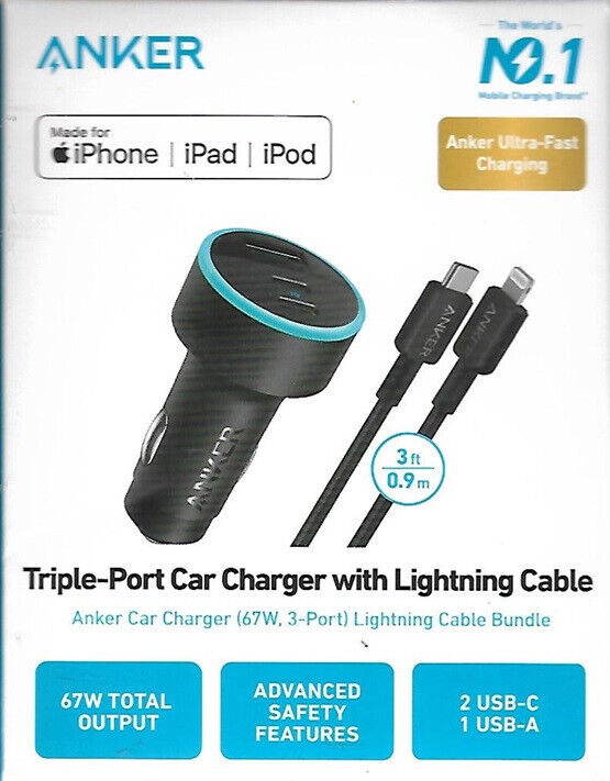Anker 3-Port 67W Car Charger with 3' APPLE to USB-C Cable - Black