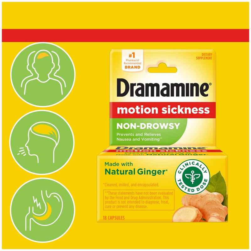 Dramamine Non-Drowsy Naturals Motion Sickness Relief for Nausea, Dizziness & Vomiting - 18ct - EXP: JUN 2025