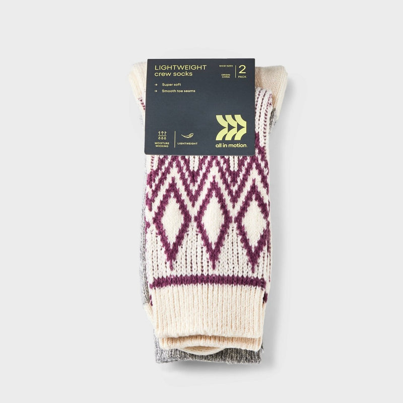 Women's 2pk Lightweight Super Soft Fair Isle Diamond Crew Socks - All in Motion Purple/Ivory 4-10
