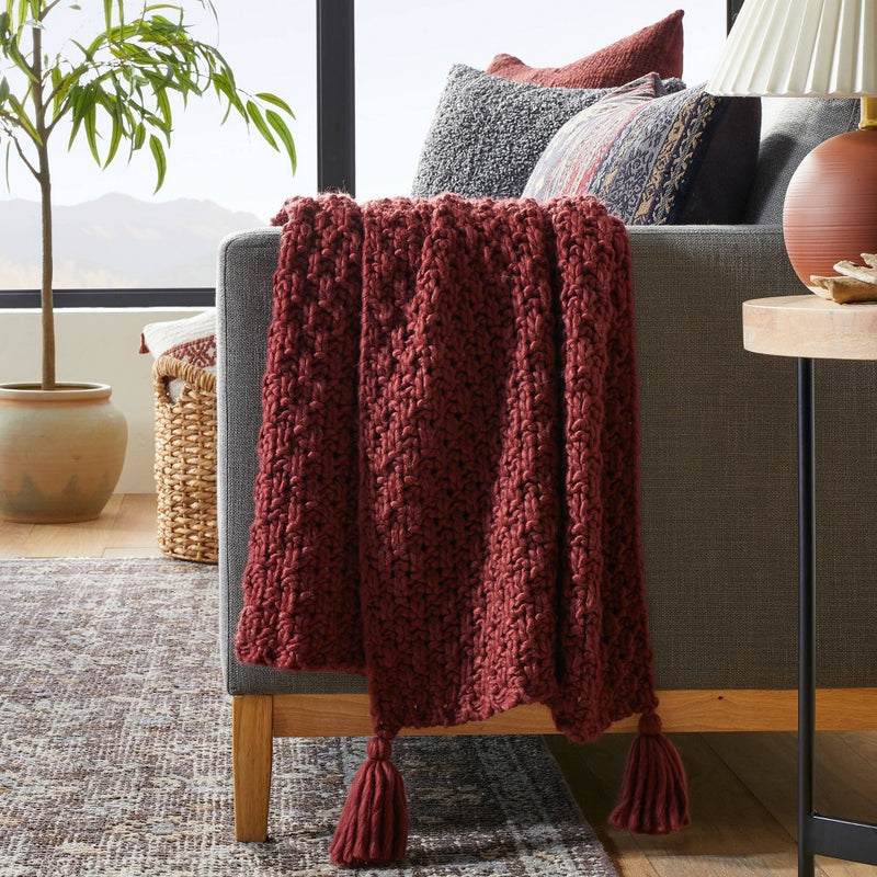 Chunky Knit Reversible Throw Blanket Burgundy - Threshold designed with Studio McGee