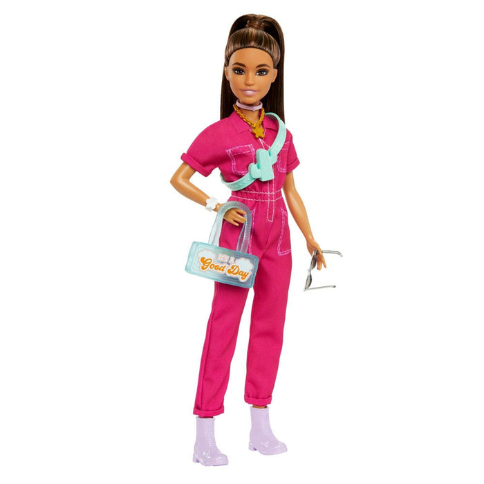 Barbie Doll in Trendy Pink Jumpsuit with Accessories and Pet Puppy