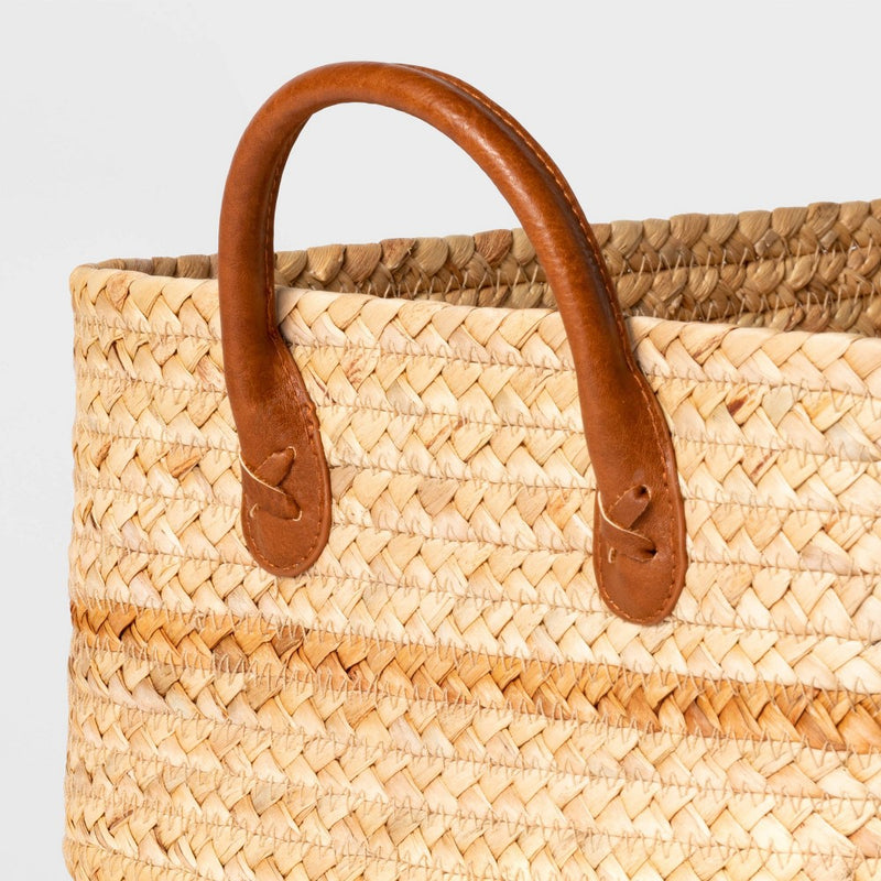 Braided Water Hyacinth Folio Basket with Faux Leather Handles - Threshold