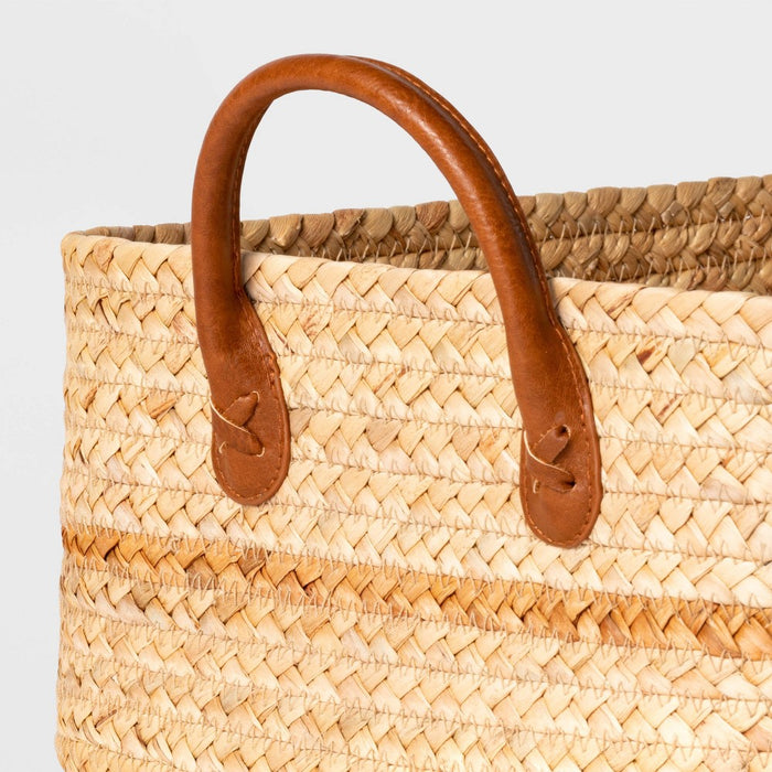 Braided Water Hyacinth Folio Basket with Faux Leather Handles - Threshold