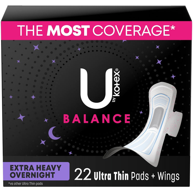 U by Kotex Balance Ultra Thin Extra Heavy Overnight Pads with Wings - Unscented - 22ct