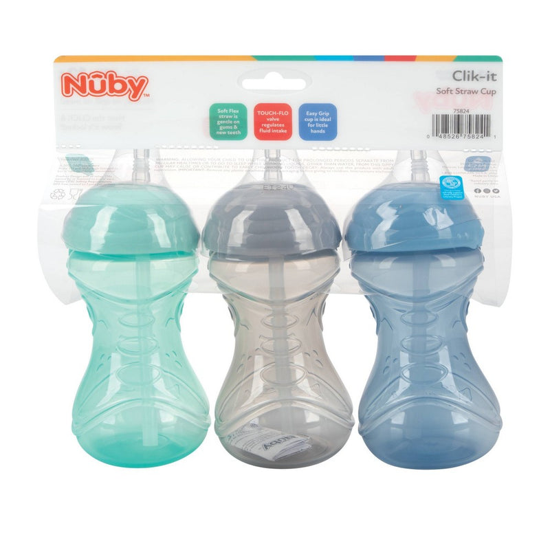 Nuby 3pk Clik-It Flexi-Straw Cup - Aqua/Grey/Blue - 10oz