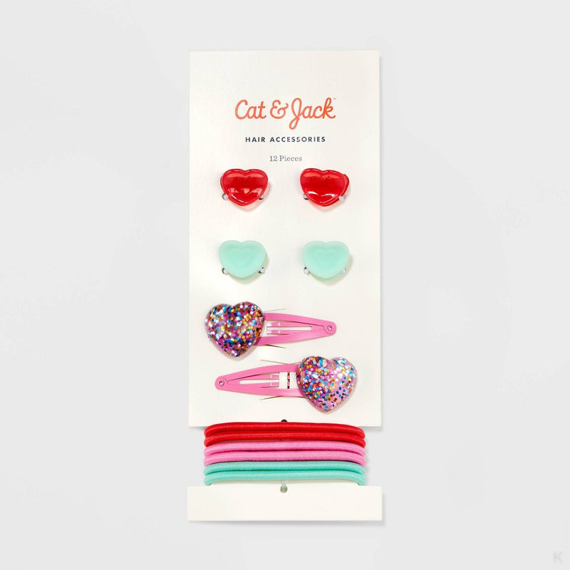 Girls' 12pk Heart Themed Hair Accessory Set - Cat & Jack Mint Green/Red/Pink