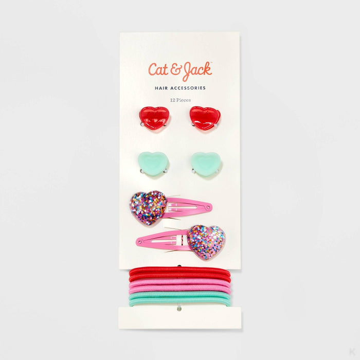 Girls' 12pk Heart Themed Hair Accessory Set - Cat & Jack Mint Green/Red/Pink